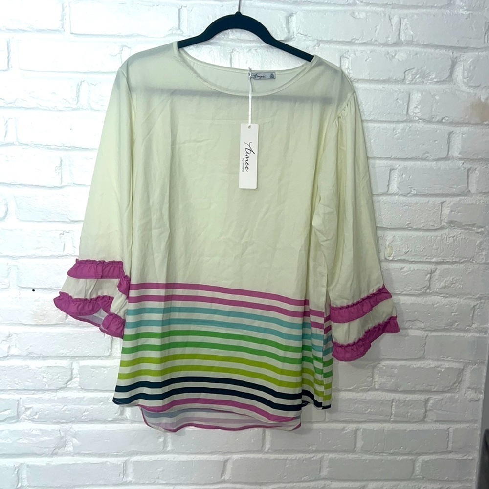 Ruffles sleeve multi color cream purple strlpe crewneck XL - Picture 1 of 6